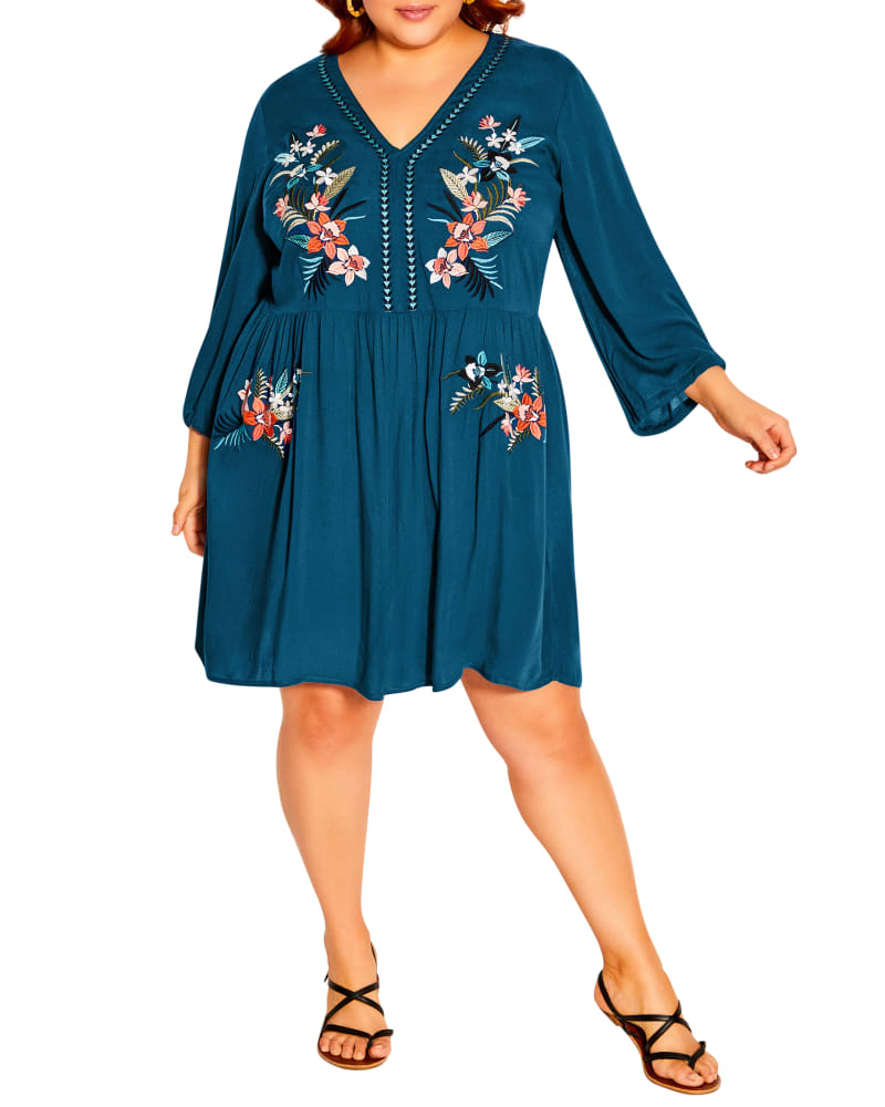 Plus size model wearing Valencia Floral Appliqué Short Dress by City Chic | Dia&Co | dia_product_style_image_id:191459